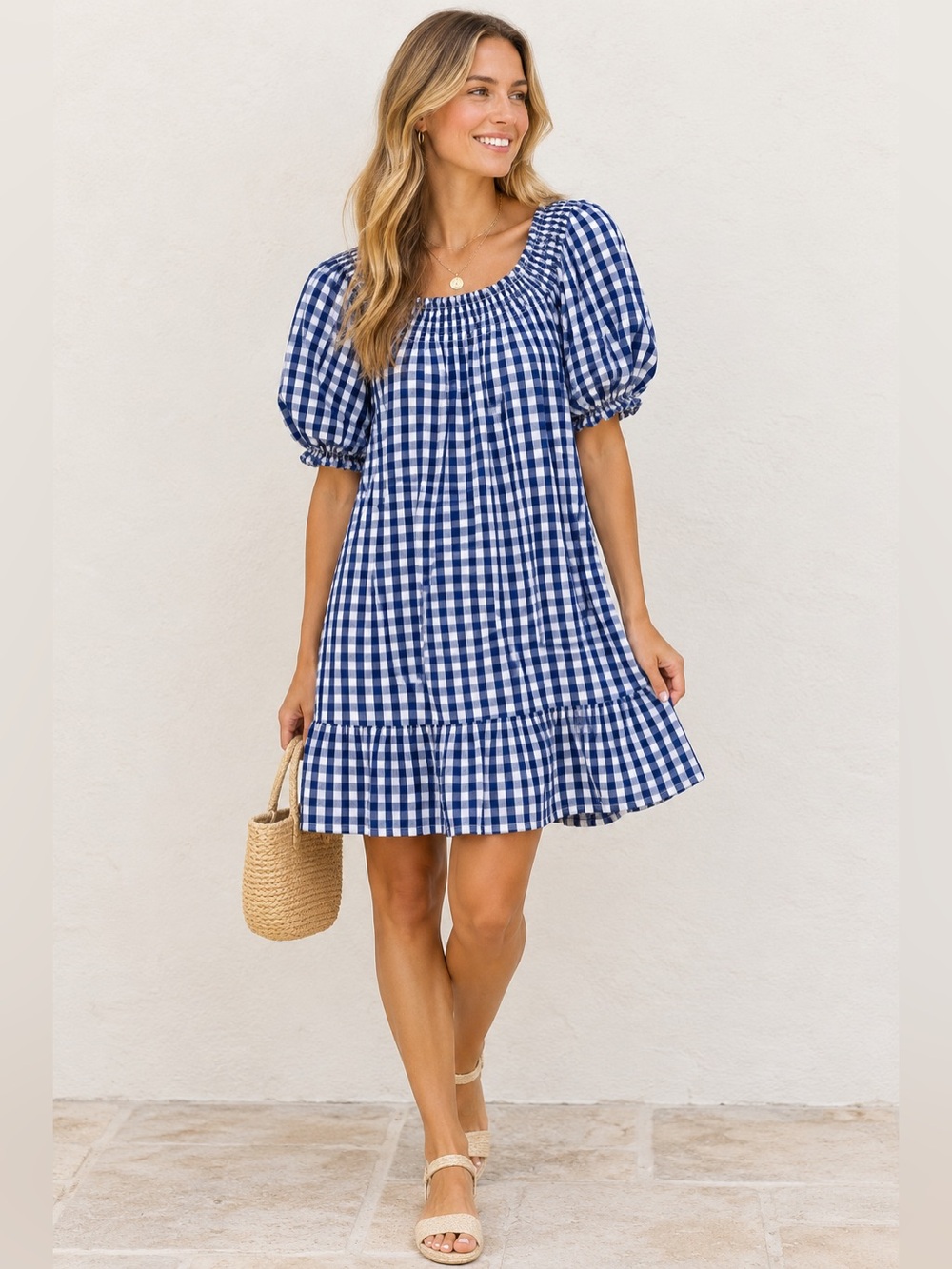 LAKE Veranda Dress Blue White Gingham Smocked Puff Sleeve Ruffle Cotton Dress